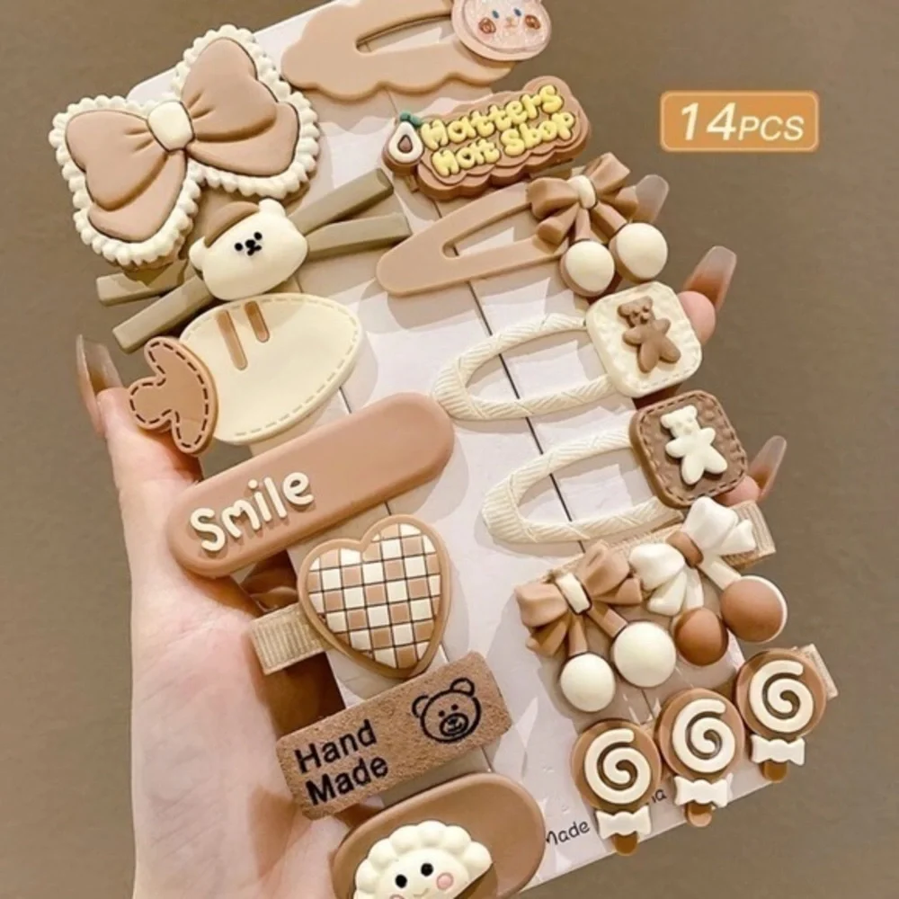 14pcs Cute Milk Coffee Color Cartoon Design Hair Clips hair accessories